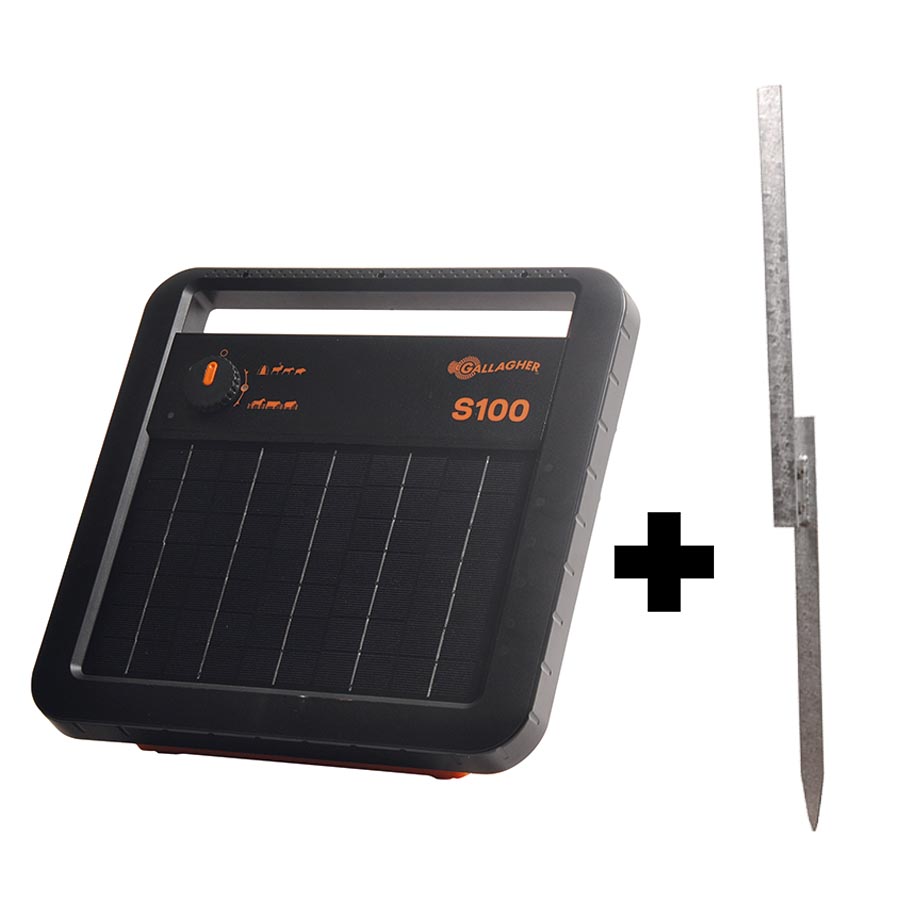 Gallagher S100 solar schrikdraadapparaat inclusief batterij (12 V - 7,2 Ah) + Gratis Stander